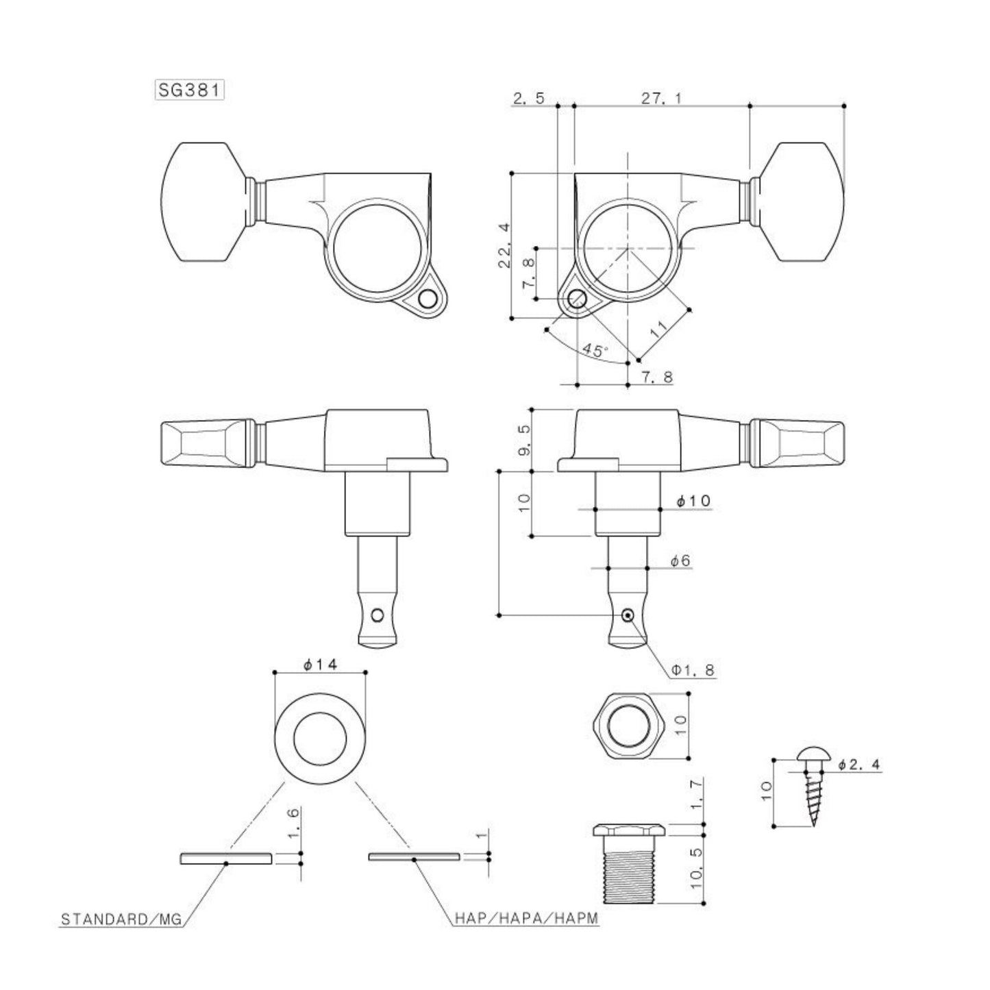 Gotoh SG381 6-in-Line Tuning Machines