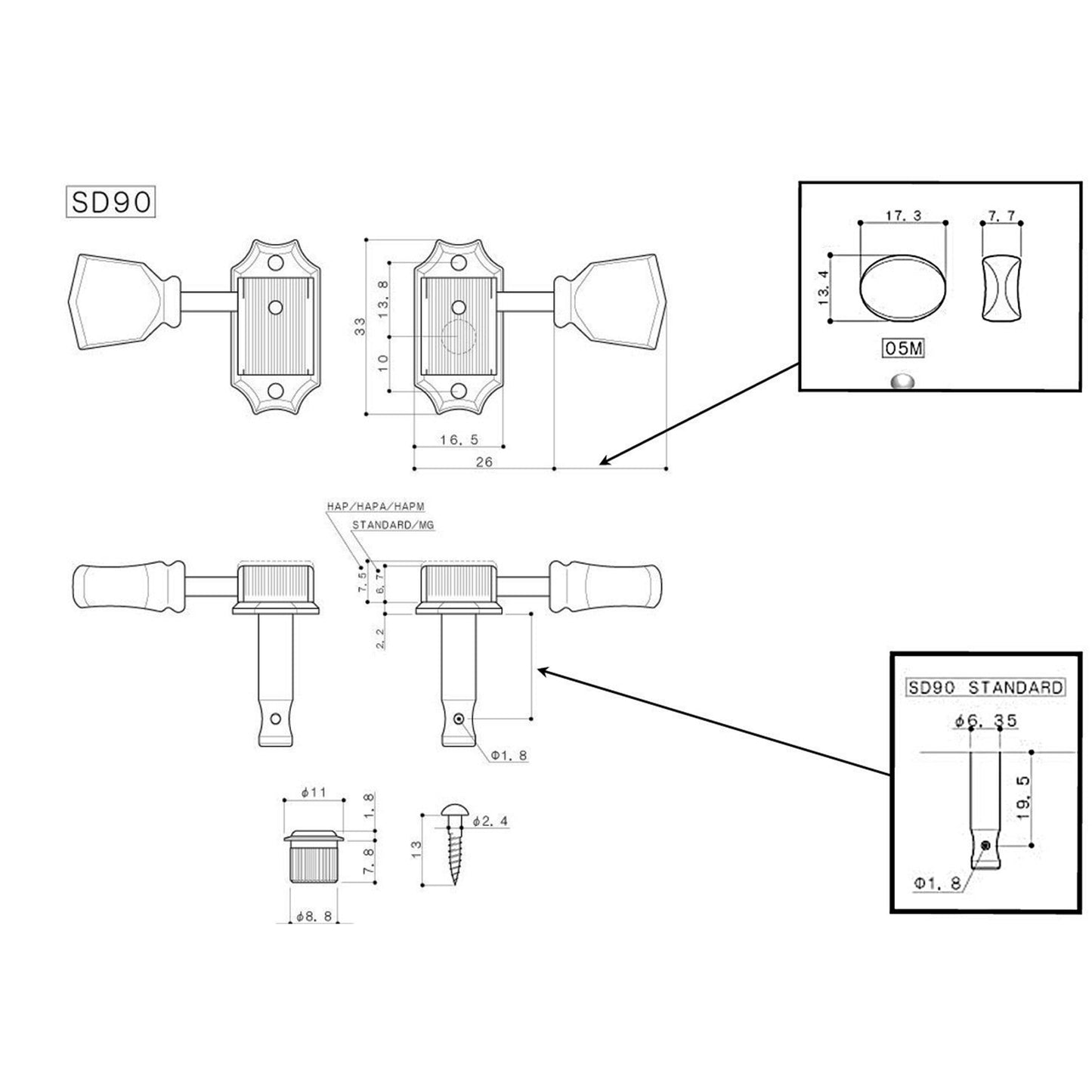 Gotoh SD90 3-a-Side Keystone Tuning Machines